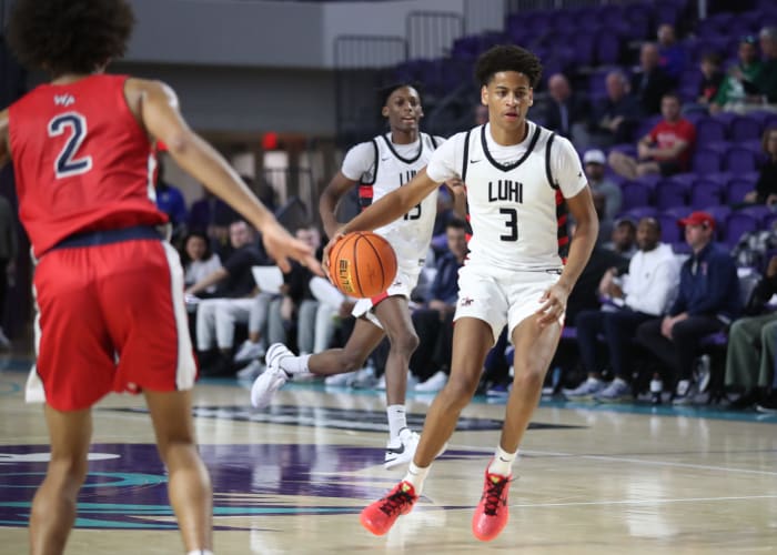 Long Island Lutheran junior Kiyan Anthony, the son of NBA legend Carmelo Anthony, dribbles against Westminster Academy (Florida) at the City of Palms Classic on Dec. 19, 2023.